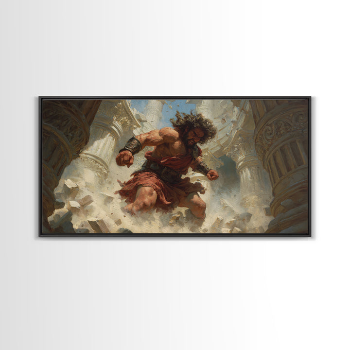 Raging Titan Among Ruined Columns Framed Canvas Print, Mythological Art, Greek Fantasy Wall Art, Dramatic Home Decor, Statement Artwork