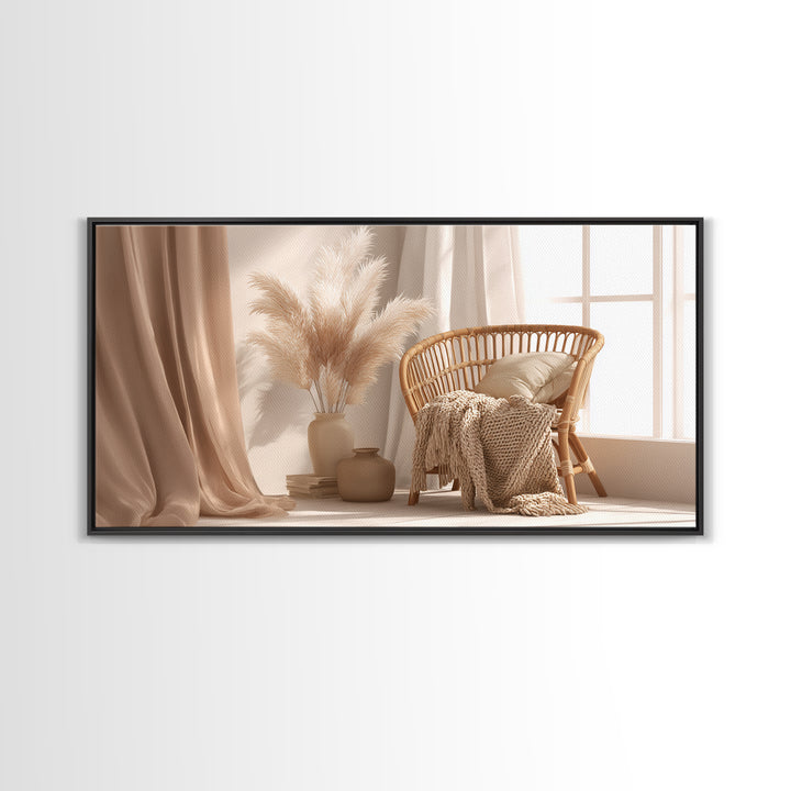 Neutral Wicker Chair With Pampas Grass Canvas Print, Boho Bedroom Wall Art, Cozy Minimalist Decor For Modern Living Room