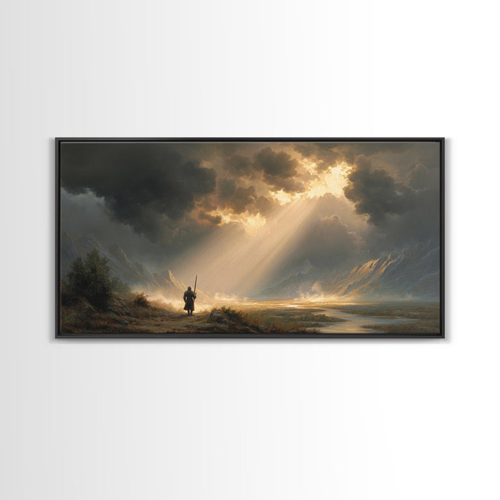 Warrior In Sunlit Mountain Valley Canvas Print, Fantasy Landscape Wall Art, Epic Adventure Decor And Dramatic Office Art