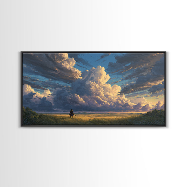 Lone Traveler Beneath Towering Clouds Wall Art, Dramatic Landscape Canvas Print, Calming Nature Living Room Decor, Large Poster