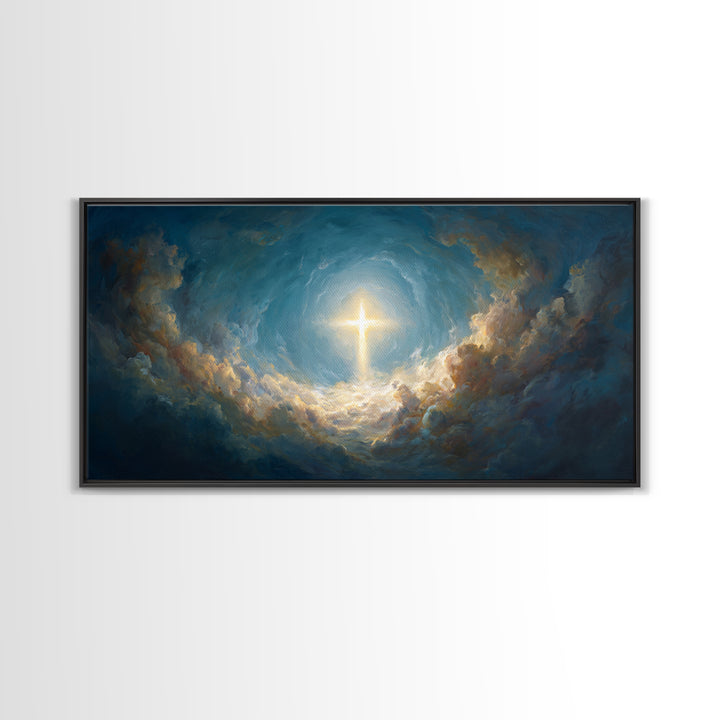 Glowing Cross In Stormy Clouds Wall Art, Christian Canvas Print, Celestial Religious Decor, Inspirational Gift For Home Decor