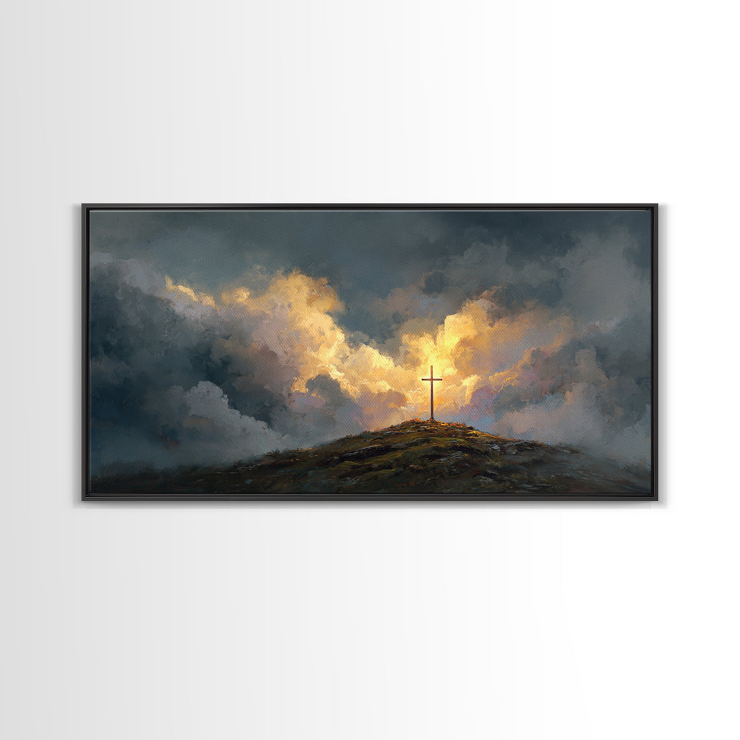 Dramatic Cross On Stormy Hill Wall Art, Christian Landscape Canvas, Moody Faith Decor, Religious Gift, Living Room Art Print