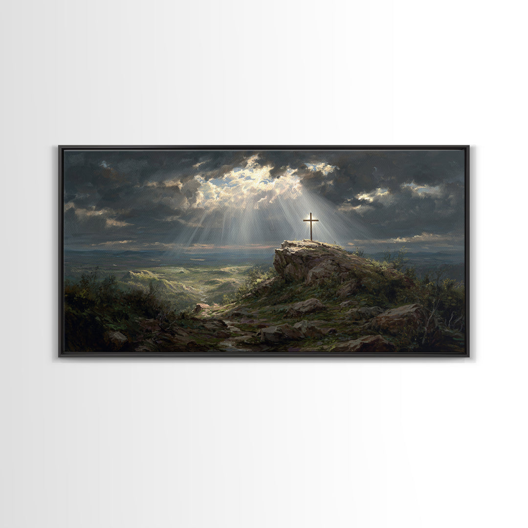 Sunlit Cross On Rocky Hill Wall Art, Christian Landscape Canvas Print, Bible Verse Decor, Spiritual Gift For Home And Prayer