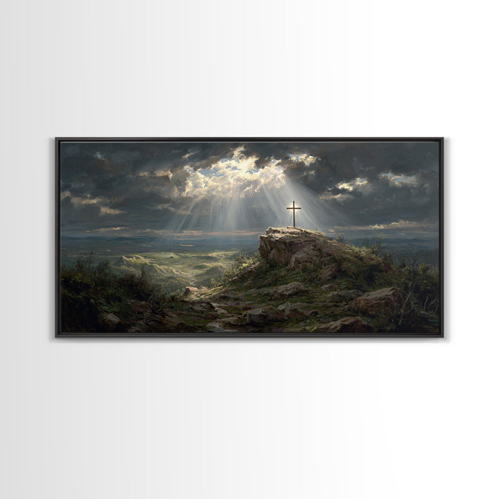 Sunlit Cross On Rocky Hill Wall Art, Christian Landscape Canvas Print, Bible Verse Decor, Spiritual Gift For Home And Prayer