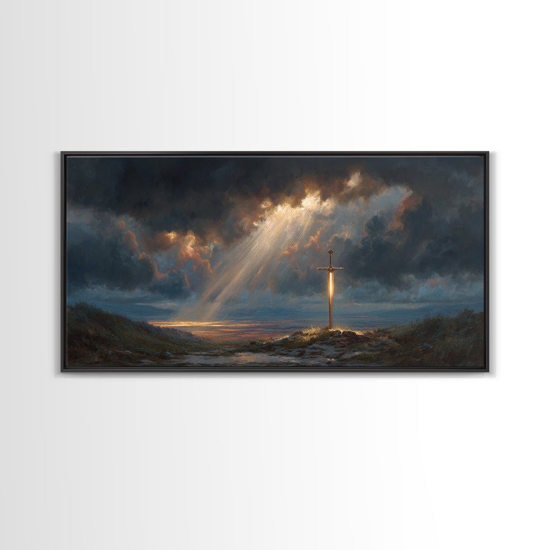 Glowing Sword In Storm Clouds Wall Art, Dramatic Christian Fantasy Canvas Print, Spiritual Decor, Dark Academia Gift For Him
