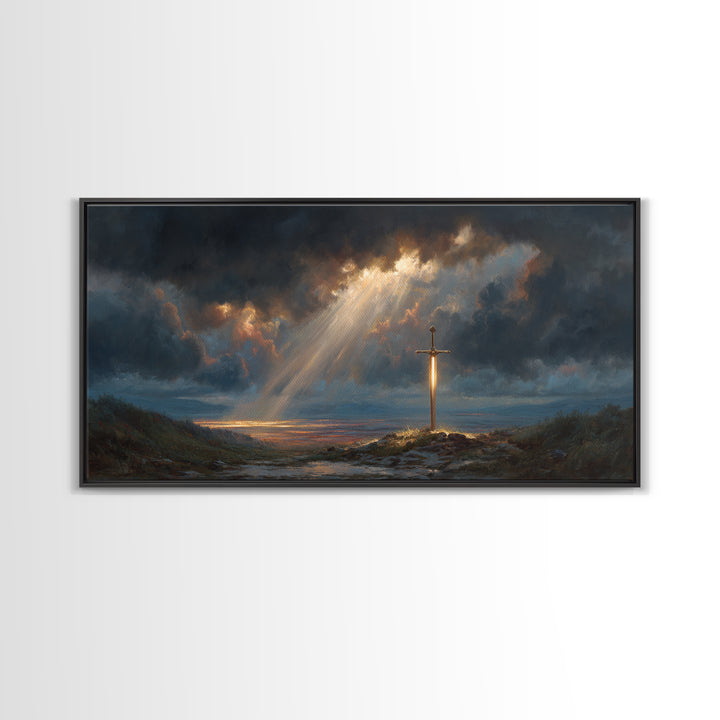Glowing Sword In Storm Clouds Wall Art, Dramatic Christian Fantasy Canvas Print, Spiritual Decor, Dark Academia Gift For Him