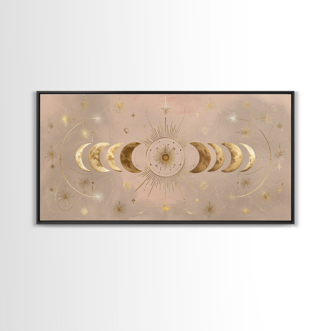 Gold Moon Phase Celestial Wall Art, Mystical Stars And Sun, Boho Bedroom Decor, Astrology Gifts, Above Bed Canvas Print Decor