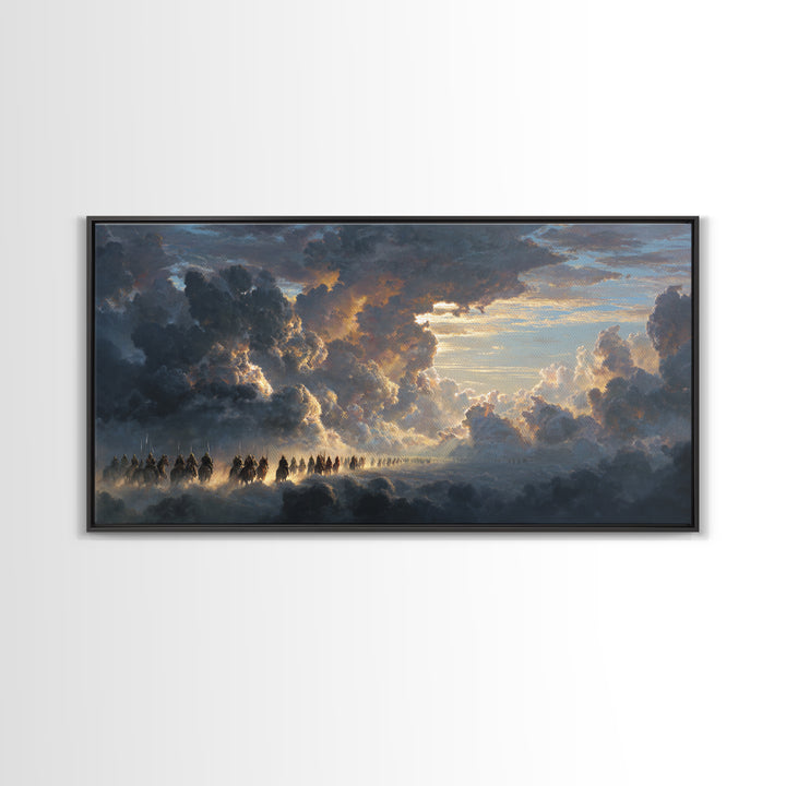 Celestial Riders In Storm Clouds Wall Art, Epic Fantasy Sky Painting, Dramatic Landscape Canvas, Mythological Decor For Office