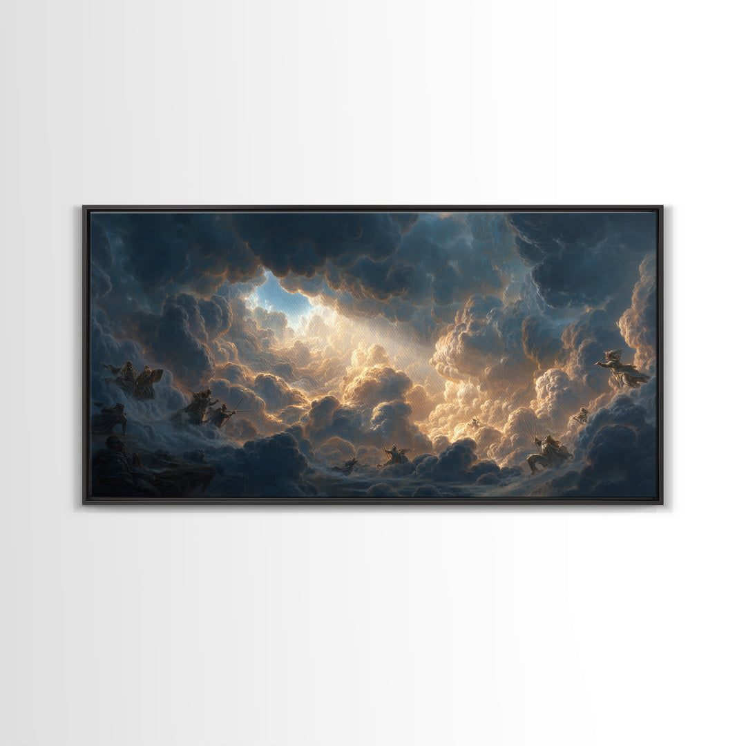 Celestial Riders In Storm Clouds Framed Canvas Print, Epic Fantasy Wall Art, Mythological Sky Painting, Dramatic Decor, Unique Gift