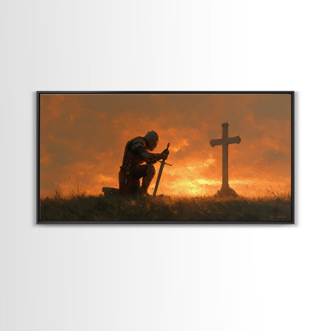 Kneeling Knight Before Cross Canvas Print, Christian Wall Art, Medieval Prayer Home Decor, Bible Verse Inspired Gift For Him