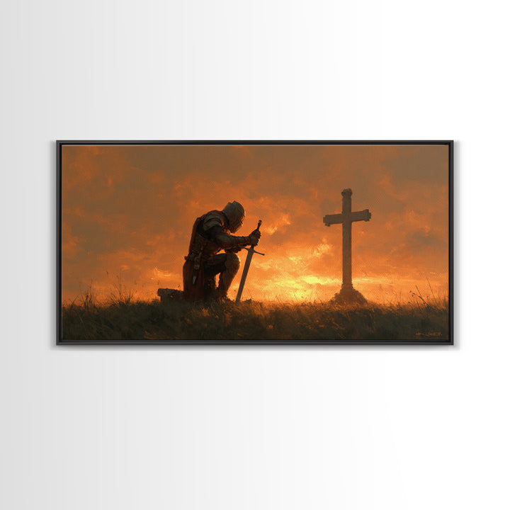 Kneeling Knight Before Cross Canvas Print, Christian Wall Art, Medieval Prayer Home Decor, Bible Verse Inspired Gift For Him