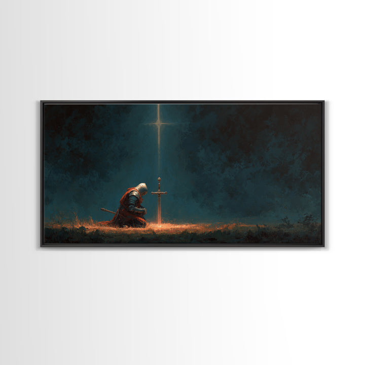 Kneeling Knight Before Cross Canvas Print, Christian Wall Art, Dark Fantasy Decor, Prayer Room Art, Medieval Office Decor