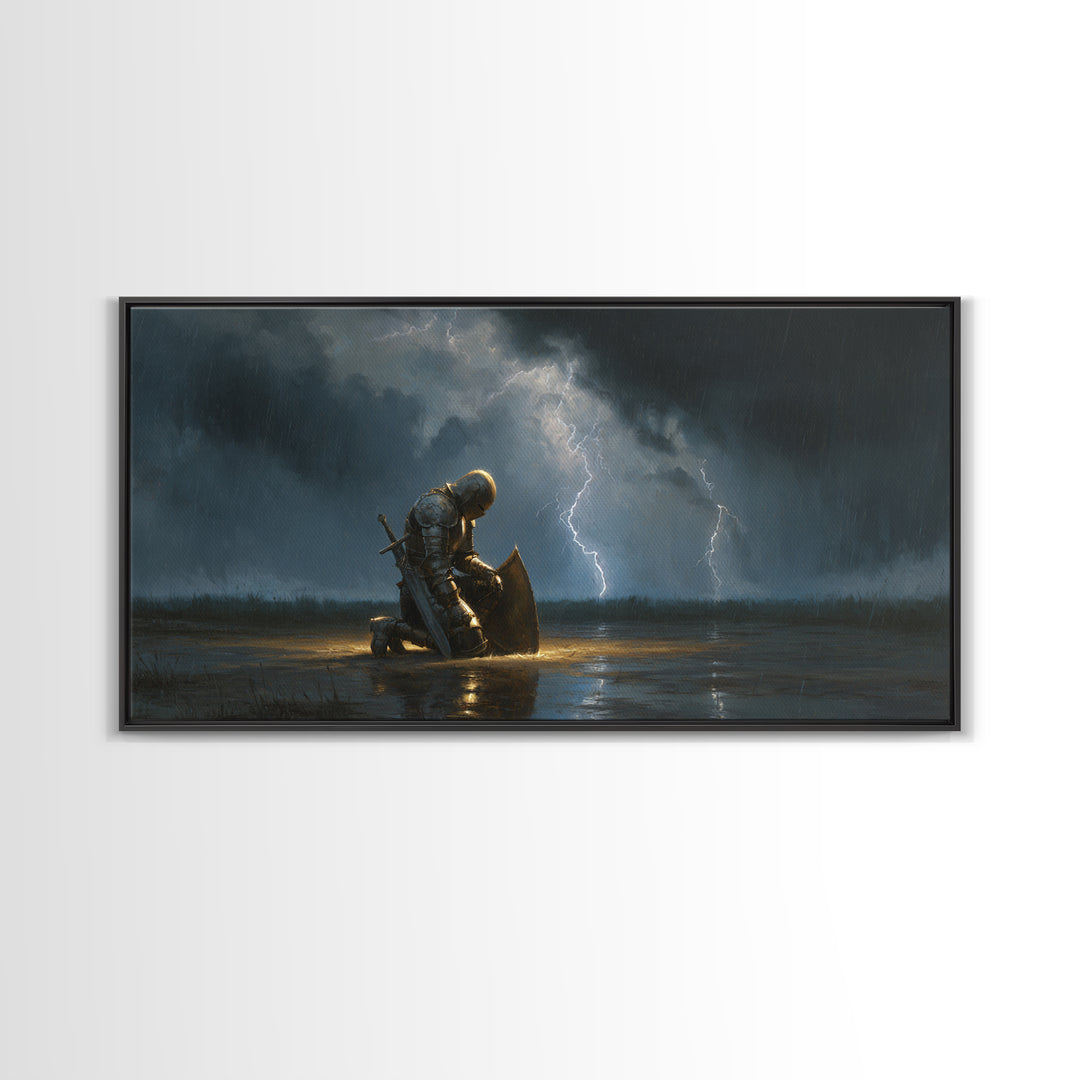 Kneeling Knight In Storm Framed Canvas Print, Dark Fantasy Wall Art, Lightning Rain Medieval Decor, Gothic Gift For Him, Office Decor