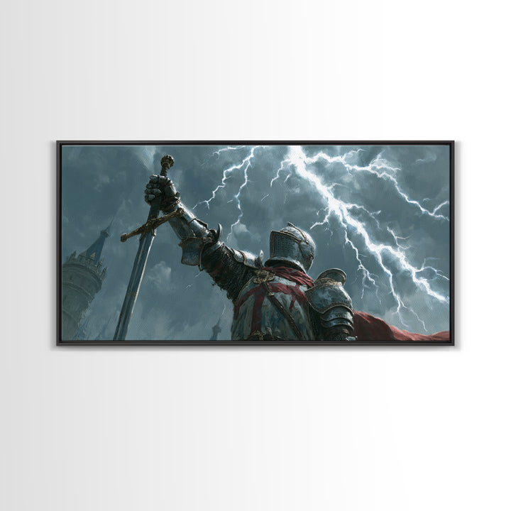 Storm Knight Raising Sword Canvas Print, Medieval Warrior Lightning Scene, Dark Fantasy Wall Art, Gaming Room Decor, Gift For Him