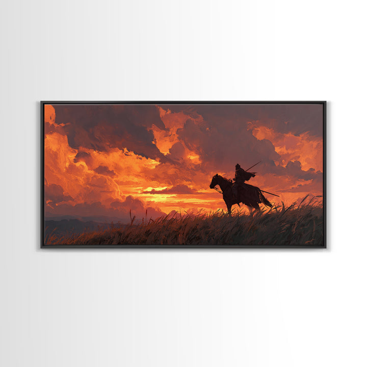 Lone Horseman At Fiery Sunset Wall Art, Western Cowboy Canvas Print, Rustic Landscape Decor, Masculine Office Gift For Him