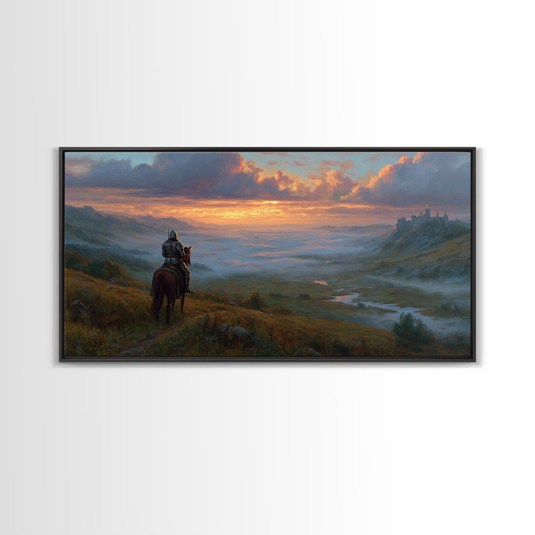 Lone Knight Over Misty Castle Valley Framed Canvas Print, Fantasy Wall Art For Gaming Room Decor And Medieval Adventure Home Decor