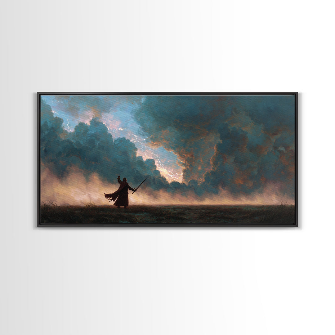 Lone Swordsman Under Storm Clouds Canvas Print, Dark Fantasy Landscape Wall Art, Moody Warrior Decor, RPG Gift For Gamer
