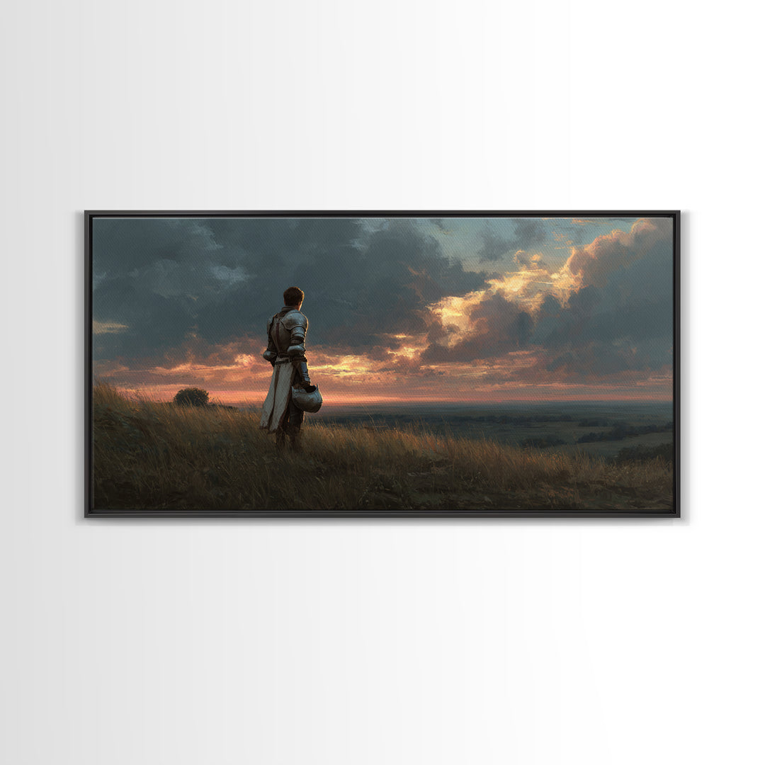Solitary Knight At Sunset Framed Canvas Print, Medieval Fantasy Landscape Wall Art, Dramatic Medieval Home Decor Gift For Him