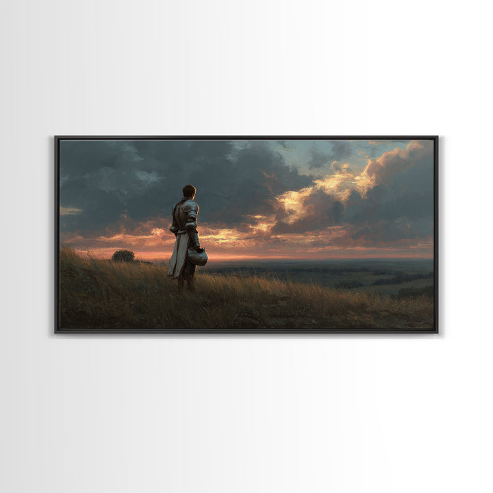 Solitary Knight At Sunset Framed Canvas Print, Medieval Fantasy Landscape Wall Art, Dramatic Medieval Home Decor Gift For Him