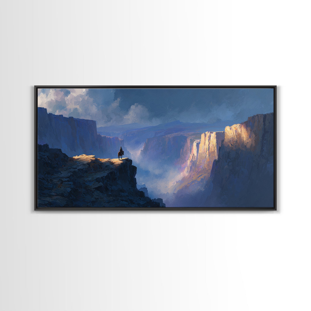 Lonely Rider On Blue Canyon Cliff Wall Art, Fantasy Landscape Canvas Print, Western Decor, Large Statement Artwork For Office