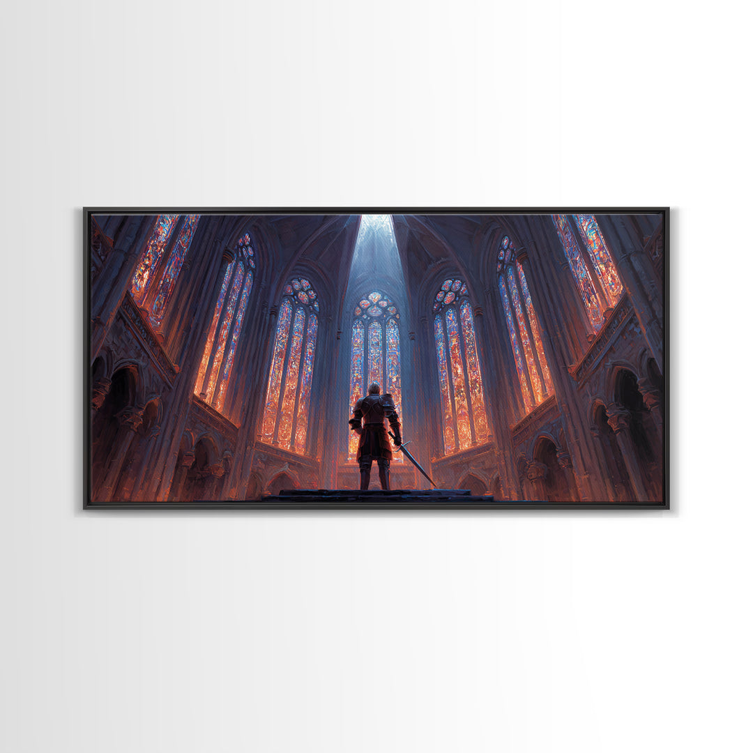 Gothic Cathedral Knight Wall Art, Stained Glass Framed Canvas Print, Medieval Fantasy Decor, Dark Academia, Statement Art