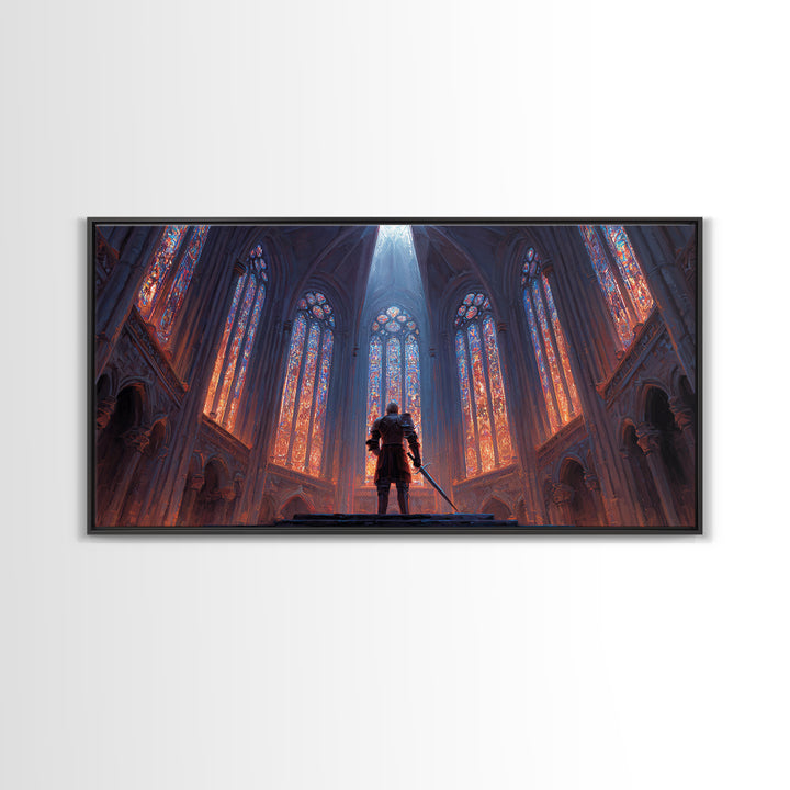 Gothic Cathedral Knight Wall Art, Stained Glass Framed Canvas Print, Medieval Fantasy Decor, Dark Academia, Statement Art