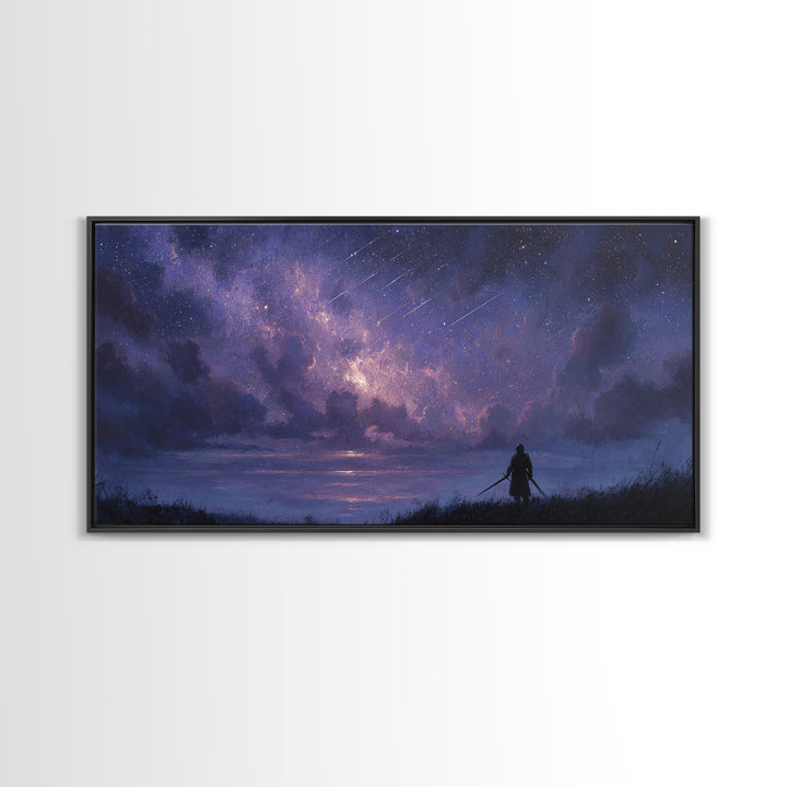 Lone Warrior Beneath Meteor Star Sky Wall Art, Fantasy Landscape Print, Celestial Decor, Gamer Room Canvas Print For Bedroom Decor