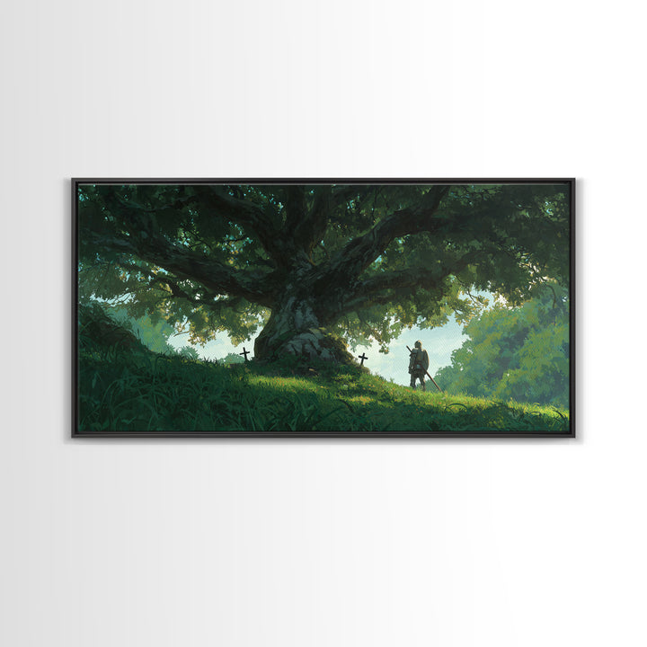 Ancient Oak With Lone Knight Wall Art, Enchanted Forest Canvas Print, Fantasy Landscape For Rustic Home Decor And Nursery Decor