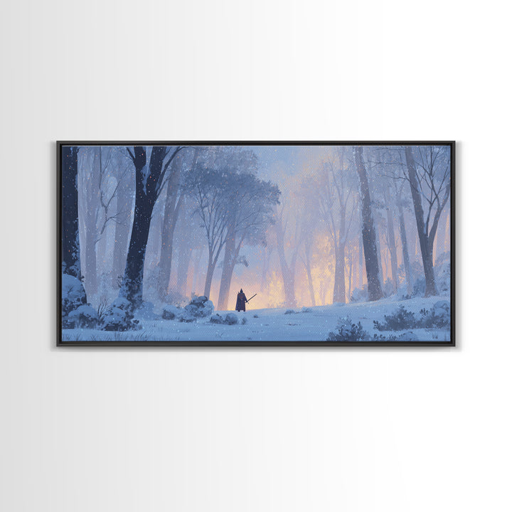 Lone Warrior In Snowy Forest Wall Art, Winter Fantasy Landscape Painting, Moody Woodland Decor, Adventure Canvas Print Gift