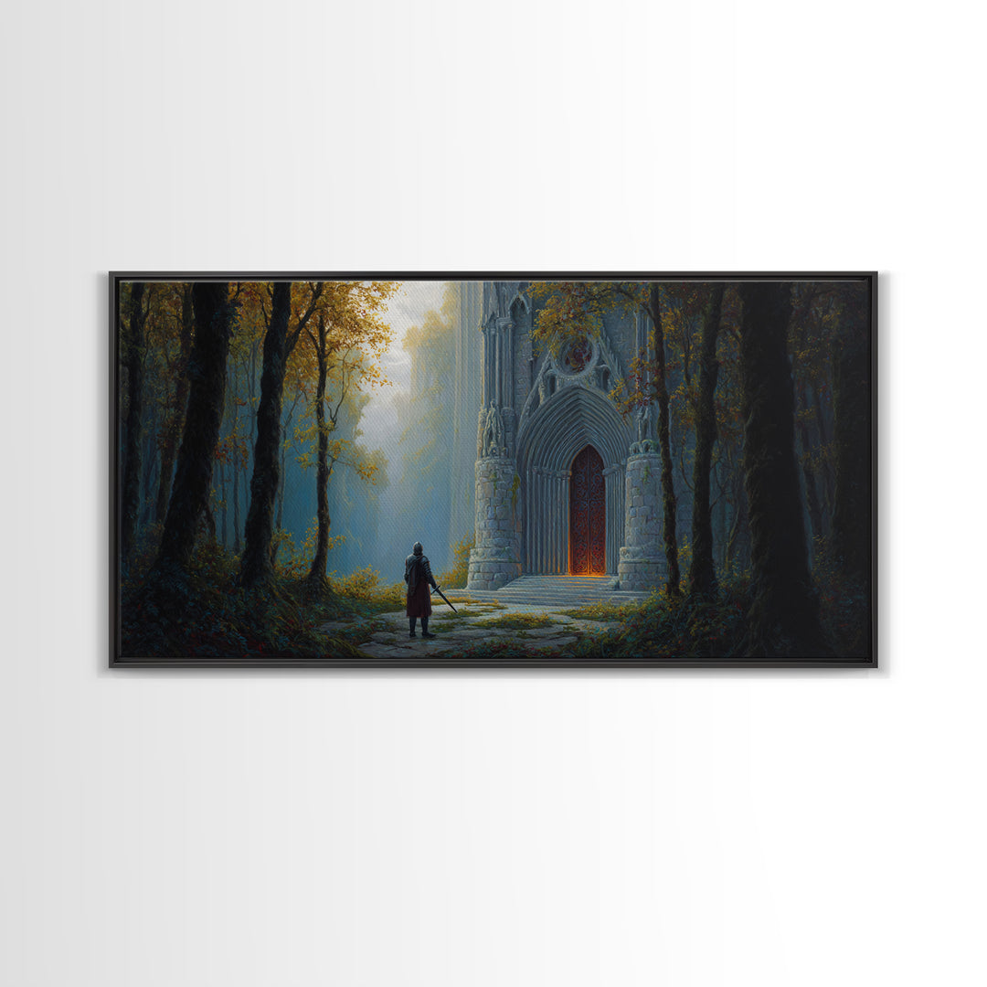 Gothic Forest Cathedral Doorway With Lone Knight Wall Art, Dark Academia Decor, Fantasy Landscape, Large Canvas Print For Bedroom