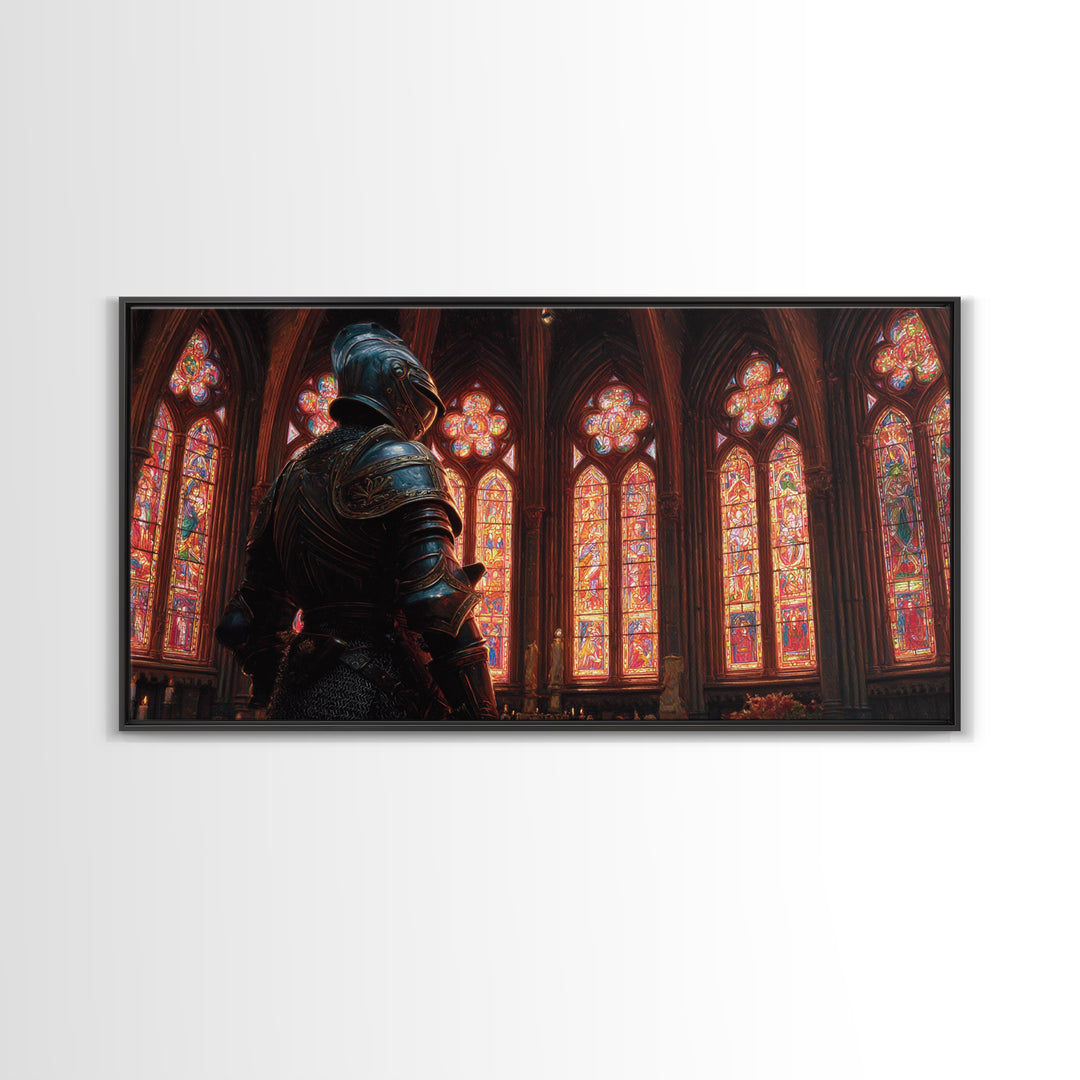 Knight In Stained Glass Cathedral Wall Art, Gothic Medieval Canvas Print, Dark Academia Decor, Fantasy Castle Painting, Church Art