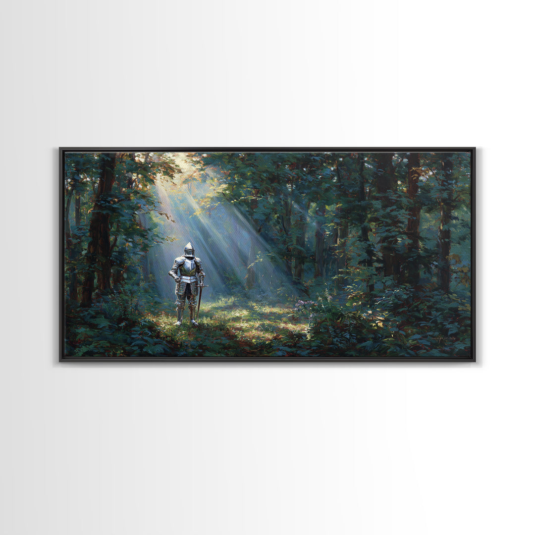 Knight In Sunlit Enchanted Forest Canvas Print, Fantasy Wall Art, Medieval Landscape Art For Office Decor And Gifts For Him
