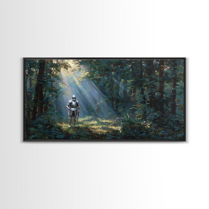 Knight In Sunlit Enchanted Forest Canvas Print, Fantasy Wall Art, Medieval Landscape Art For Office Decor And Gifts For Him