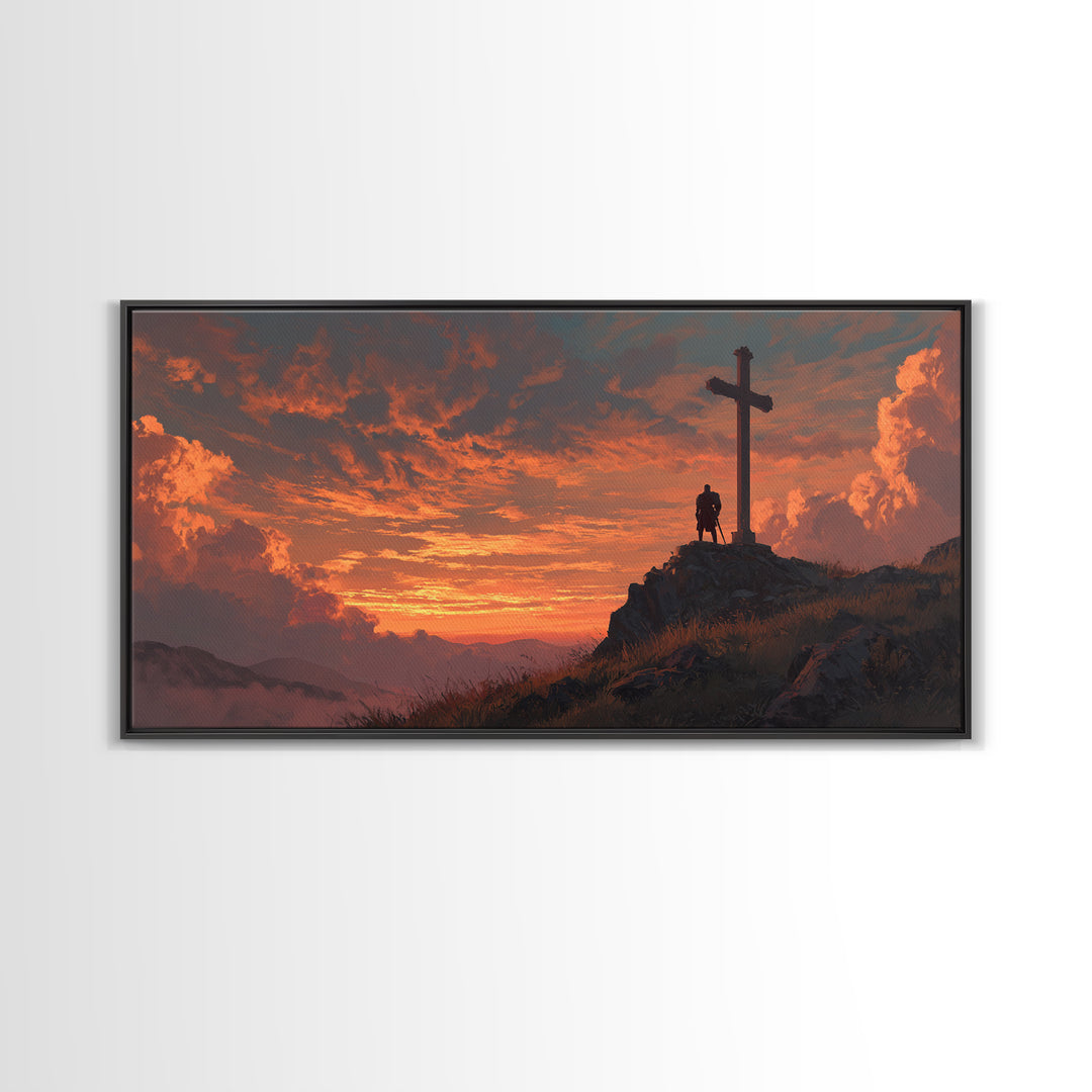 Fiery Sunset Cross On Mountain Ridge Wall Art, Christian Landscape Canvas Print, Spiritual Home Decor, Prayer Room Gift Idea
