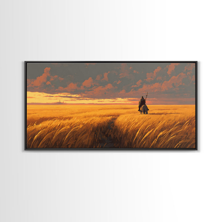 Lone Warrior In Golden Wheat Canvas Print, Sunset Fantasy Landscape Art, Western Rider Decor, Gift For Him, Rustic Home Decor