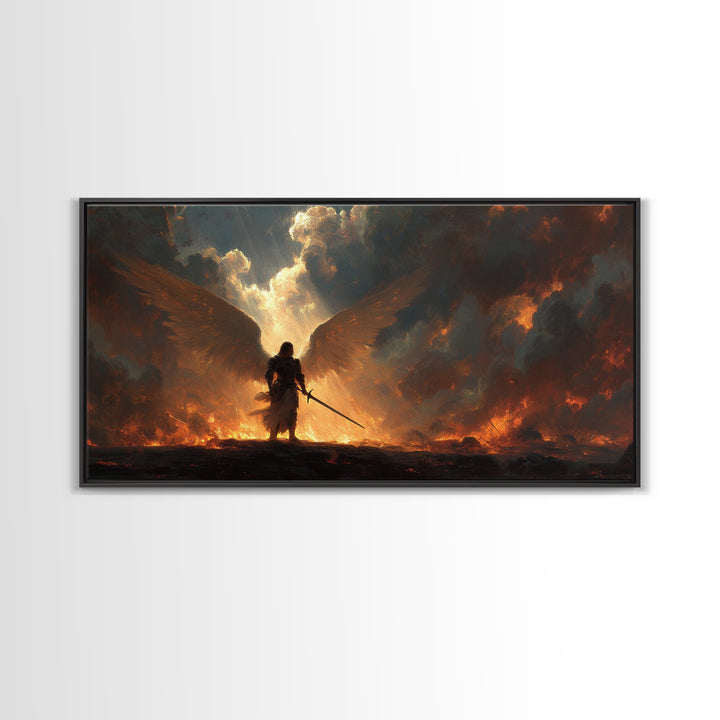 Warrior Angel With Flaming Wings Canvas Print, Dark Fantasy Wall Art, Epic Spiritual Decor, Gothic Battle Gift Idea For Him