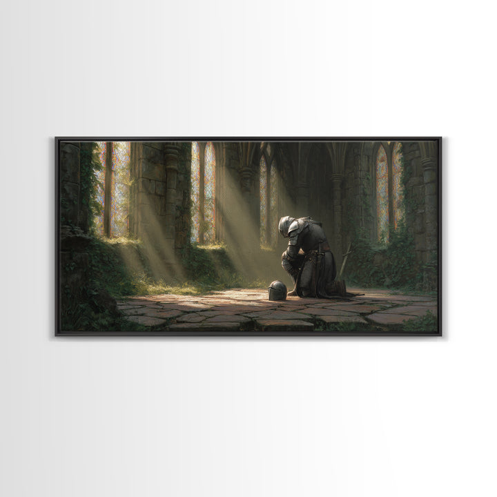 Knight In Sunlit Gothic Ruins Framed Canvas Print, Medieval Fantasy Wall Art, Dark Academia Decor, Large Living Room Art