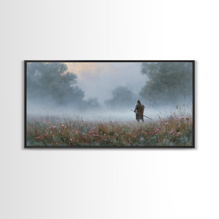 Misty Warrior In Wildflower Meadow Wall Art, Fantasy Landscape Canvas, Moody Nature Print, Large Living Room Decor Gift For Her