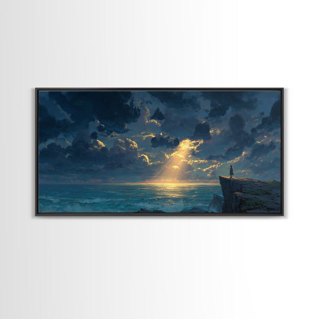 Lone Figure On Ocean Cliff Canvas Print, Dramatic Seascape Landscape Art, Coastal Wall Decor For Peaceful Living Room Home