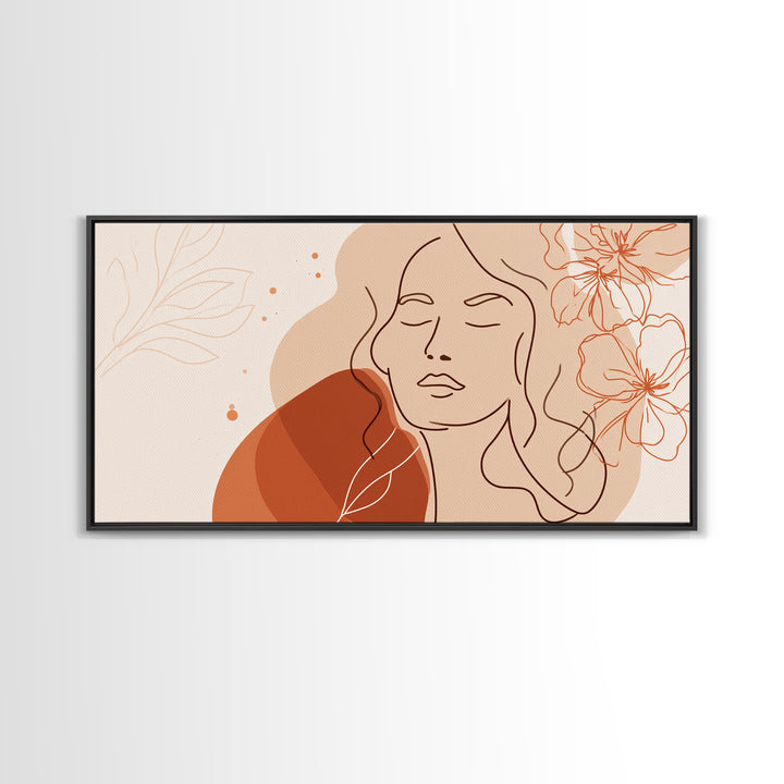 Terracotta Woman Line Art Canvas Print, Floral Feminine Wall Art, Boho Bedroom Decor, Abstract Portrait Gift For Her, Modern Home Decor