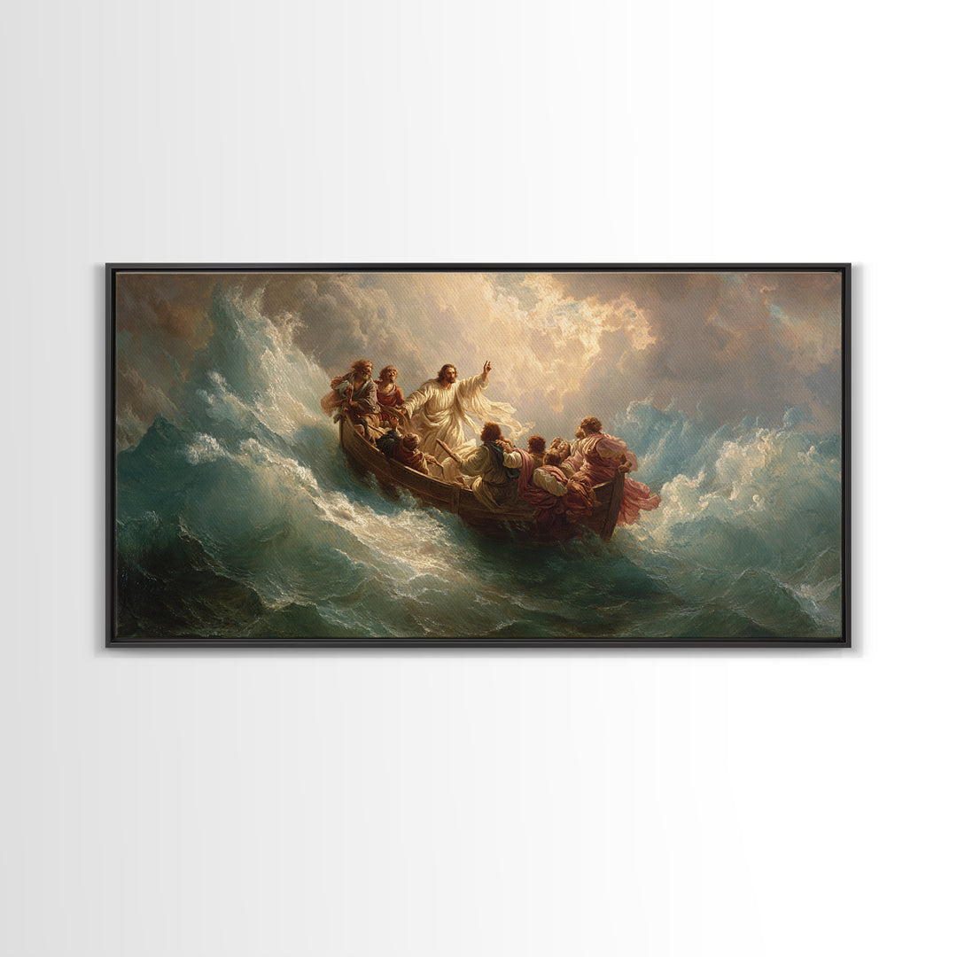 Jesus Calming The Storm At Sea Wall Art, Christian Boat Painting, Biblical Ocean Canvas, Religious Home Decor Gift, Church Decor