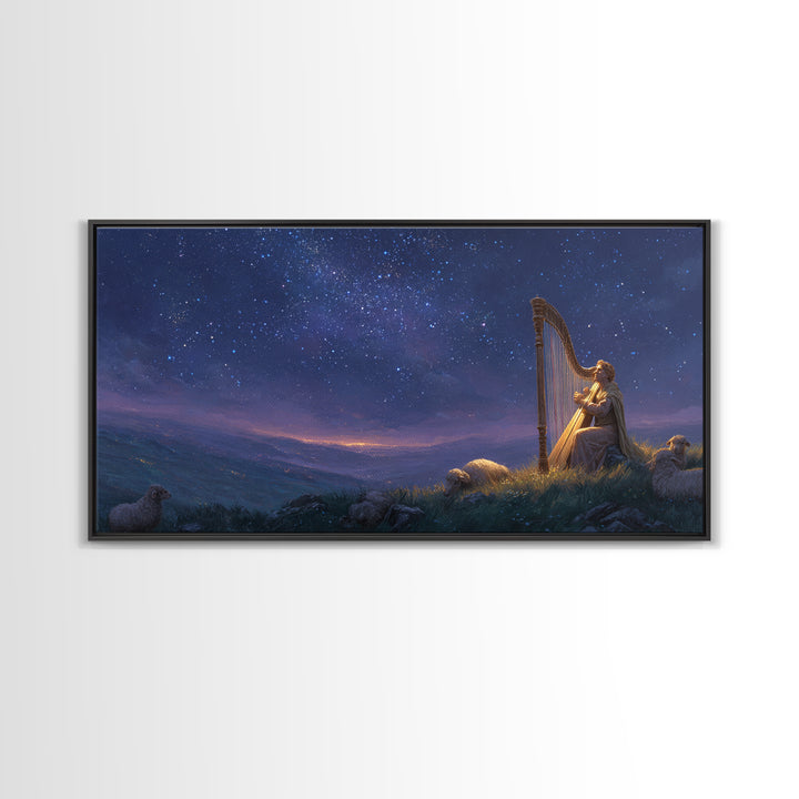 Shepherd Playing Harp Under Stars Wall Art, Biblical Canvas Print, Peaceful Night Landscape Decor For Bedroom And Nursery