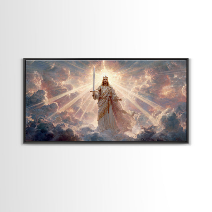 Radiant Heavenly King Canvas Print, Christian Wall Art, Divine Sword And Clouds, Spiritual Fine Art For Prayer Room Decor