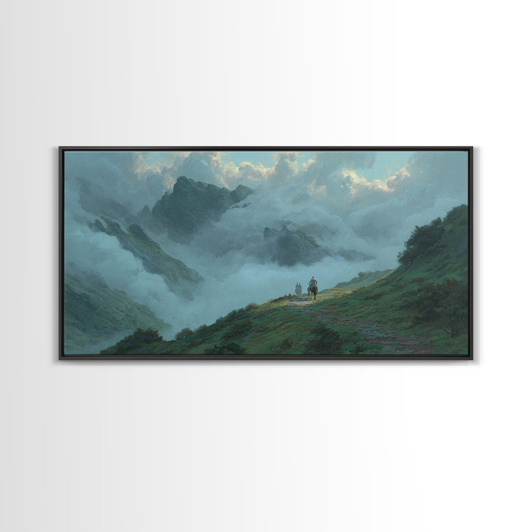 Misty Mountain Path Landscape Wall Art, Moody Nature Canvas Print, Alpine Hiking Decor, Large Living Room Wall Decor Gift