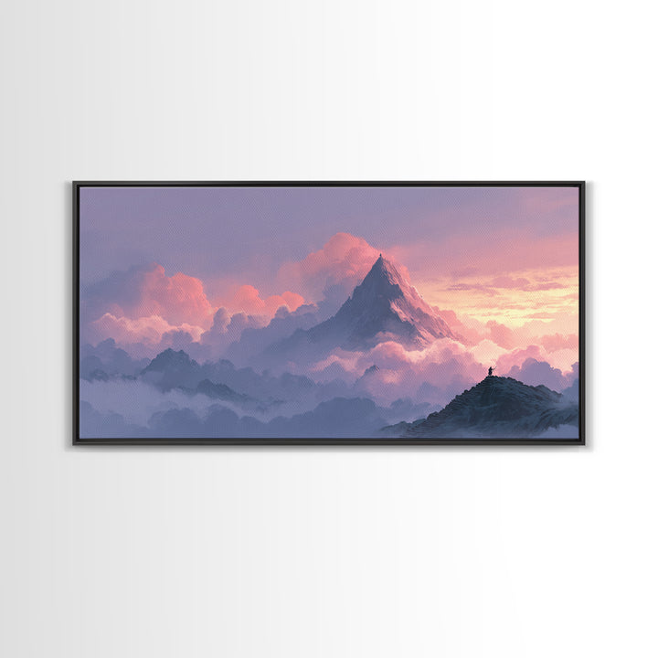 Pink Cloud Mountain Summit Canvas Print, Fantasy Landscape Wall Art, Nature Wall Decor, Adventure Art, Calming Bedroom Decor