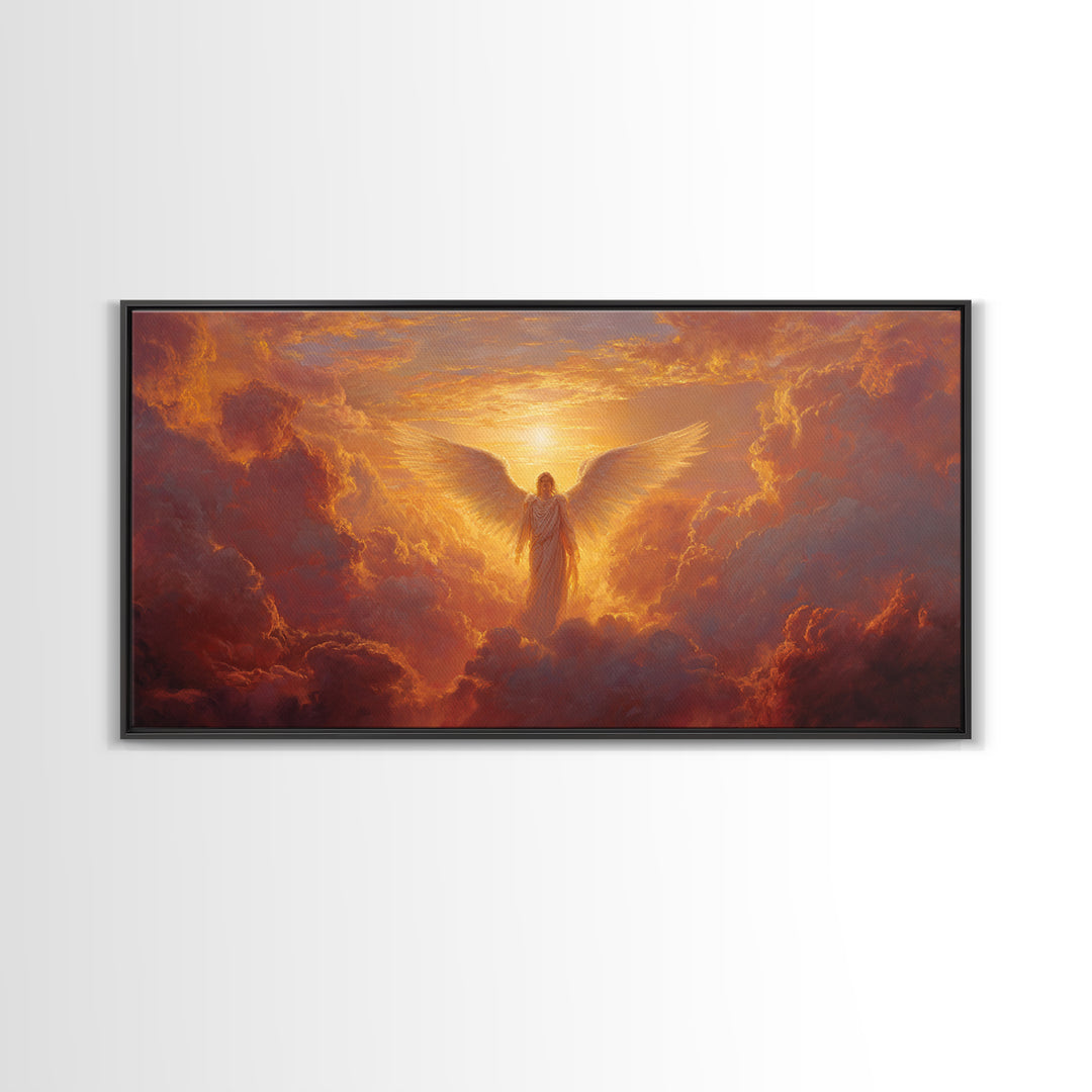 Radiant Angel In Golden Clouds Wall Art, Spiritual Christian Canvas, Celestial Painting, Inspirational Home Decor Gift For Her