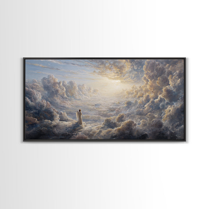 Radiant Angel In Heavenly Clouds Canvas Print, Christian Wall Art, Spiritual Home Decor, Peaceful Large Landscape Art Gift