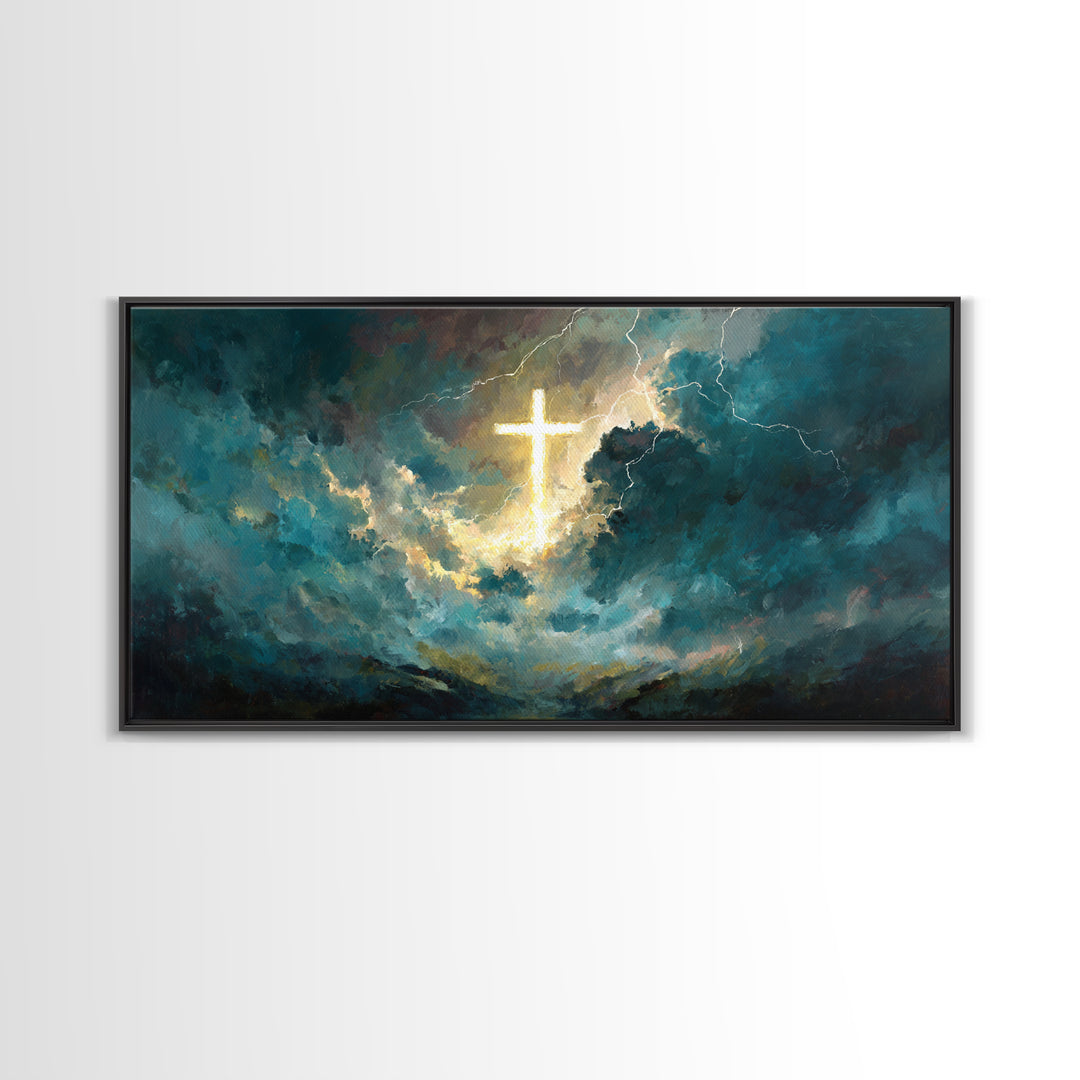 Glowing Cross In Storm Clouds Wall Art, Christian Canvas Print, Spiritual Decor, Modern Religious Living Room Wall Decor