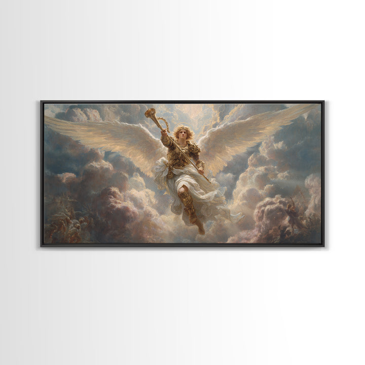 Archangel Trumpet In Stormy Clouds Canvas Print, Christian Wall Art, Religious Fine Art Print For Prayer Room Decor Gift