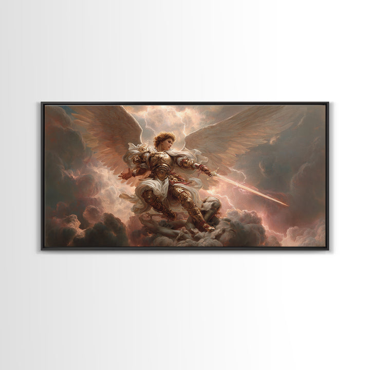 Archangel Warrior In Golden Clouds Wall Art, Christian Canvas Print, Angel Sword Fantasy Art, Spiritual Home Decor Gift For Him